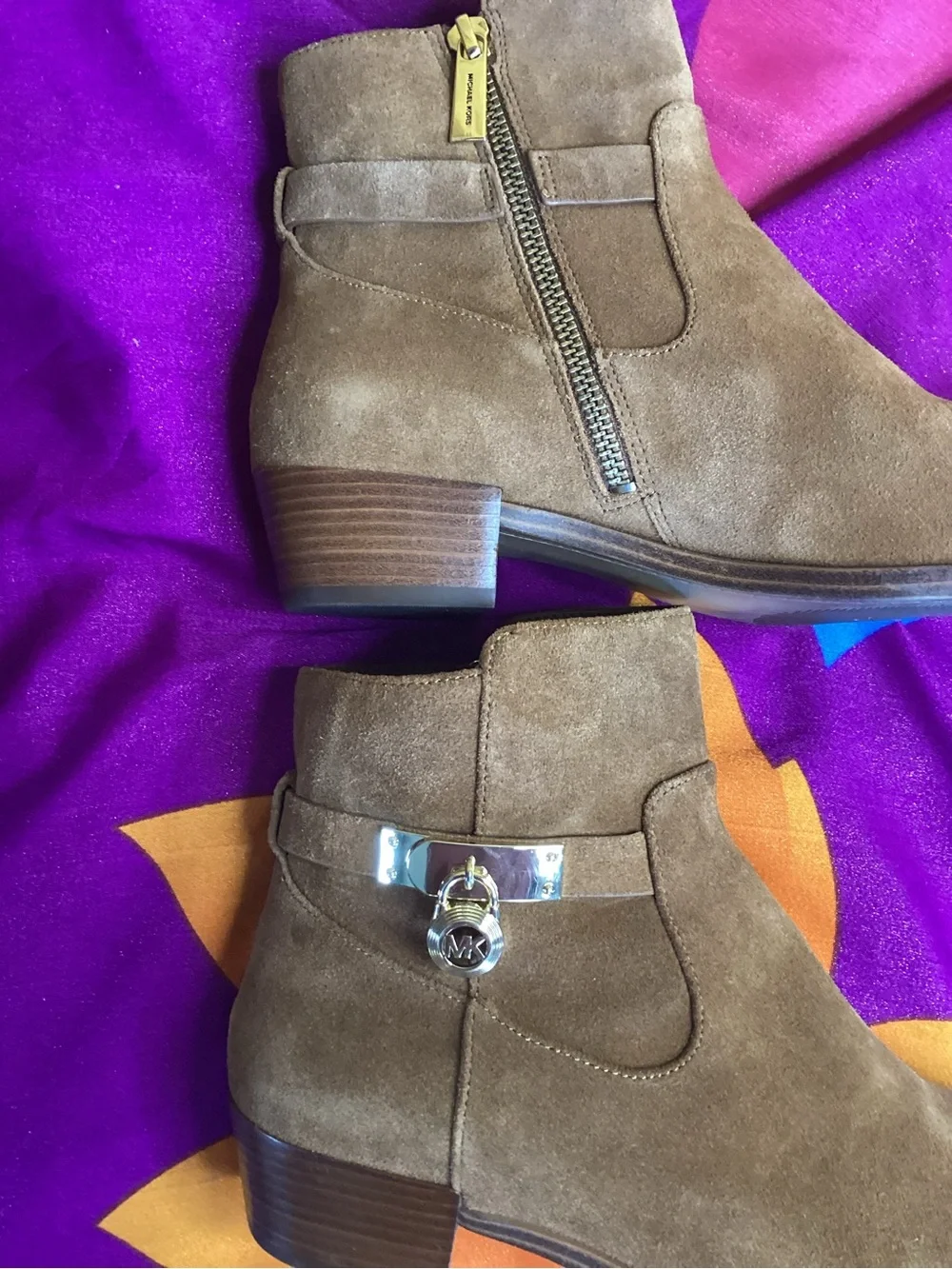 Michael Kors Kieran Taupe Suede Ankle Booties with Gold-Tone Charm 8M